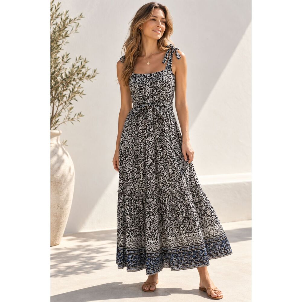 Veronica Beard Floral Cotton Maxi Dress Black Ivory Tie Strap Small